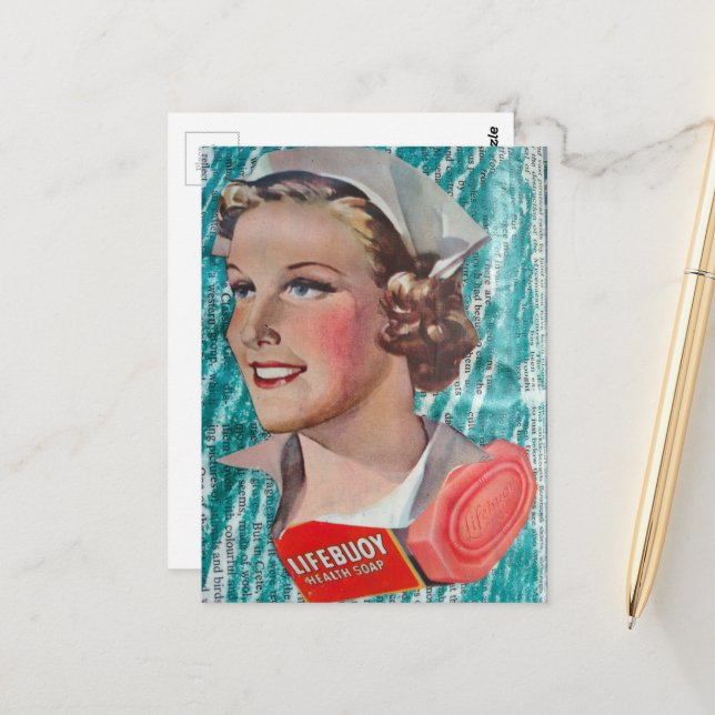 Lady Nurse with health soap from 1930s era collage Postkarte (Vorderseite/Rückseite Beispiel)