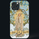 Lady of Fatima Jungfrau Mary Blue Floral Religious Case-Mate iPhone Hülle<br><div class="desc">Mit einem wunderschönen katholischen Vintage-Bild der gesegneten Jungfrau Mary, Unsere Lady von Fatima mit blauen Vergessenmerzen und einem goldenen Banner unten, das PRAY THE ROSARY sagt.</div>