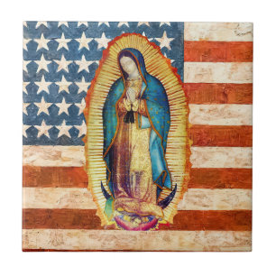 Lady of Guadalupe Jungfrau Mary USA Flag Fliese