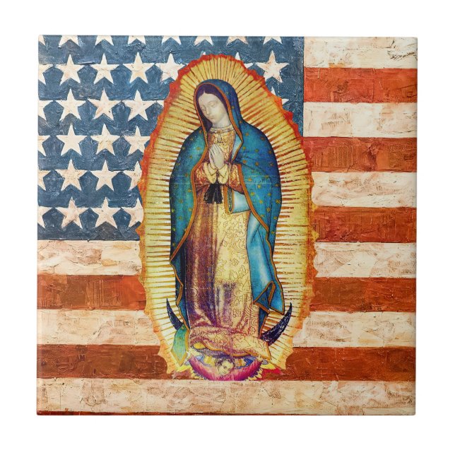 Lady of Guadalupe Jungfrau Mary USA Flag Fliese (Vorderseite)