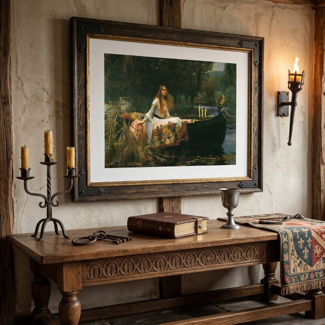 Lady of Shalott On Boat von John William Waterhous Poster (The Lady of Shalott by JW Waterhouse is a  Pre-Raphaelite painting with the lady going to Camelot.)