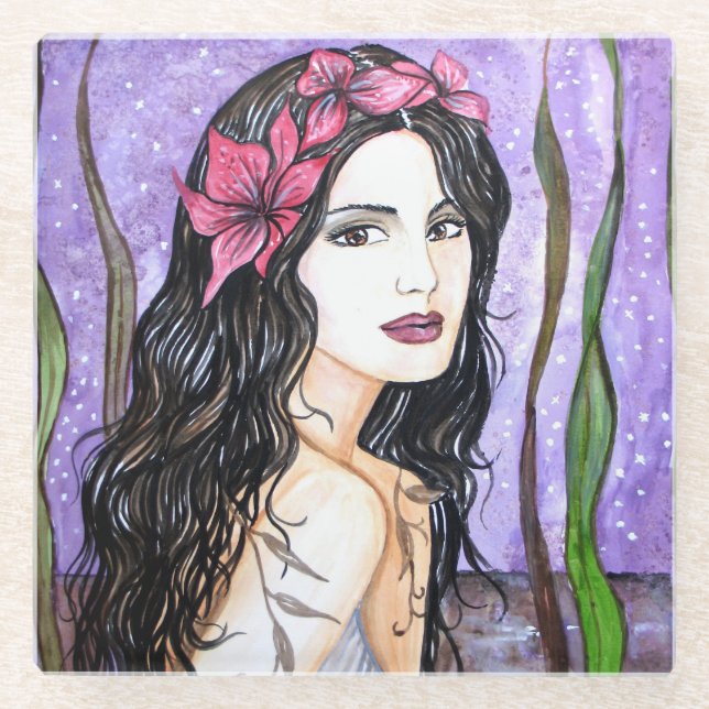 Lady of the Lake Fairy Tale Malerei Glasuntersetzer (Vorderseite)