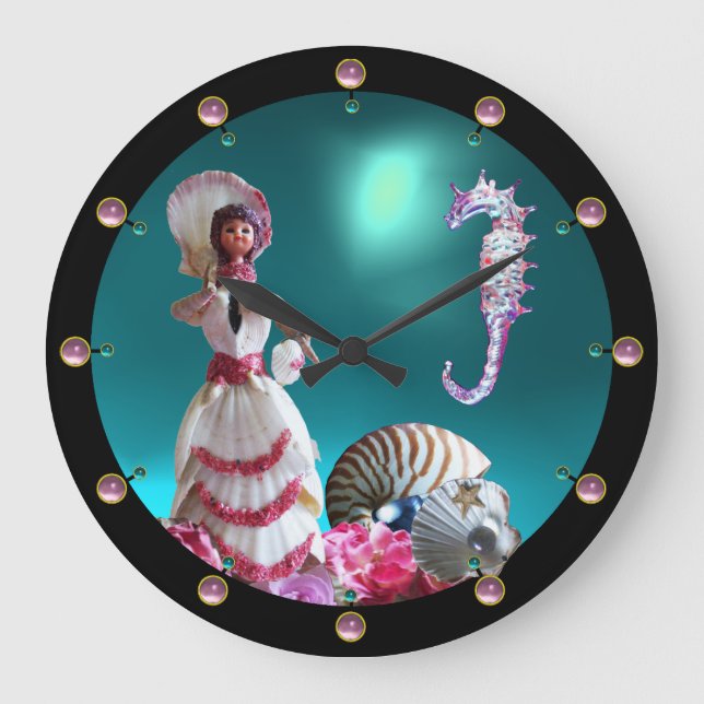 LADY OF THE SAASHELLS, SEEPFERD UND PINK BLUE GEMS GROßE WANDUHR (Vorderseite)