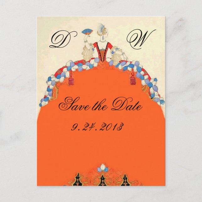 LADY ORANGE / BREITPARTEI SAVE THE DATE MONOGRAM ANKÜNDIGUNGSPOSTKARTE (Vorderseite)