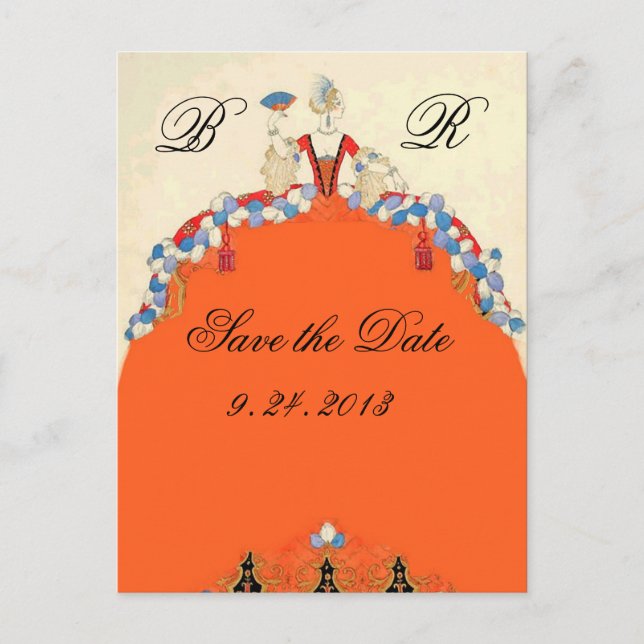 LADY ORANGE / BREITPARTEI SAVE THE DATE MONOGRAM ANKÜNDIGUNGSPOSTKARTE (Vorderseite)