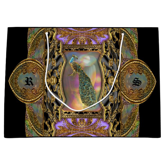 Lady Peacock Monogram Black Elegant Große Geschenktüte (Vorderseite)