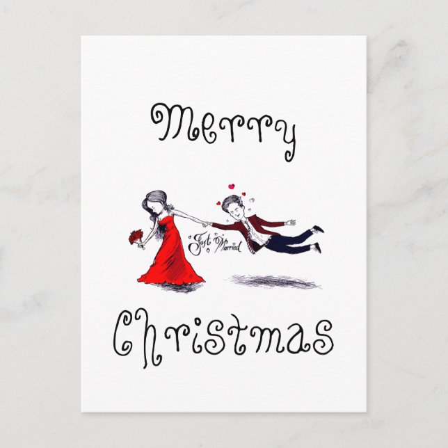 Lady Pulling Husband Funny Wedding Feiertagspostkarte (Vorderseite)