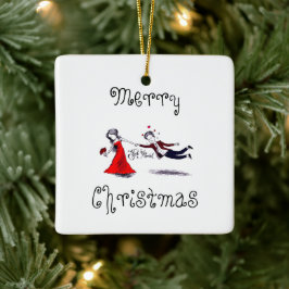 Lady Pulling Husband Funny Wedding Keramikornament