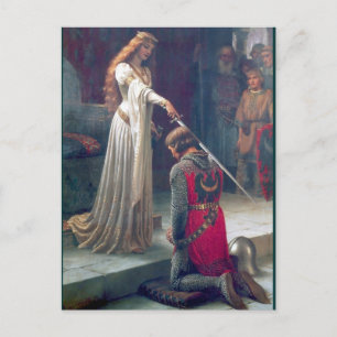 Lady queen knighting knight antique painting postkarte