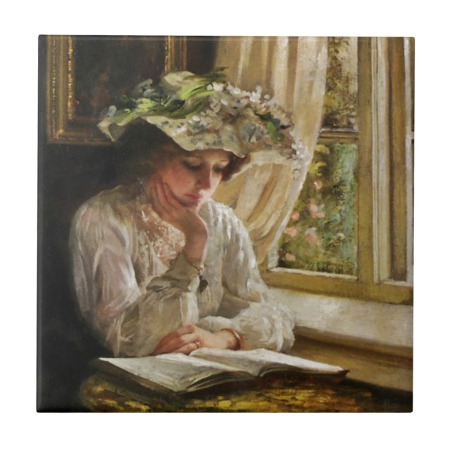 Lady Reading by Window Fliese (Vorderseite)