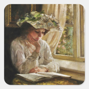 Lady Reading by Window Quadratischer Aufkleber
