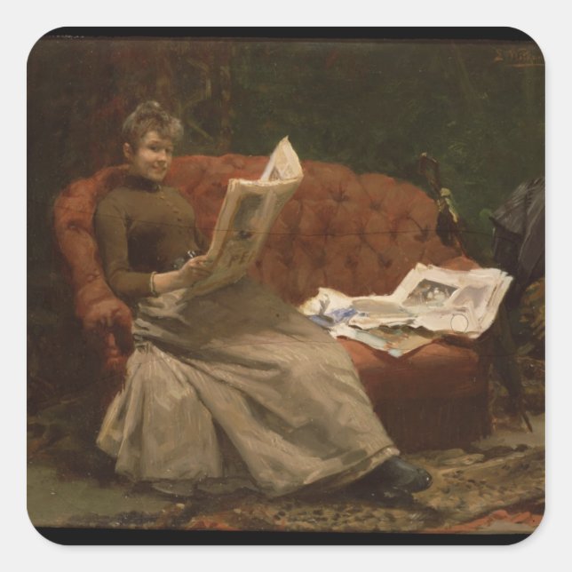 Lady Reading Quadratischer Aufkleber (Vorderseite)