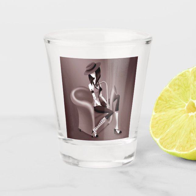 Lady Saxophonist - Jazz-Inspiriert Shot Glass Schnapsglas (Vorderseite)