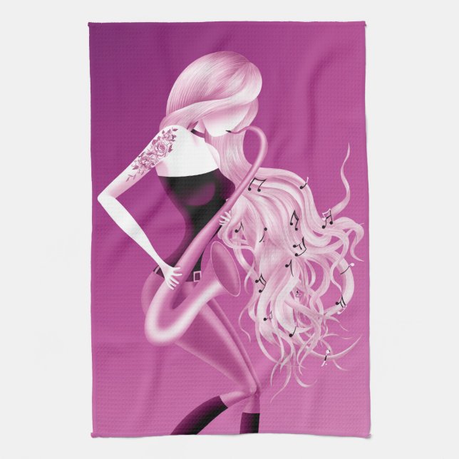 Lady Saxophonist Pink Tea Towel Geschirrtuch (Vertikal)