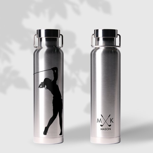 Lady Silver mit Schwarz-Modernes Golfer Monogramm Trinkflasche (Von Creator hochgeladen)