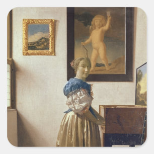 Lady stehend am Virginal, c.1672-73 Quadratischer Aufkleber