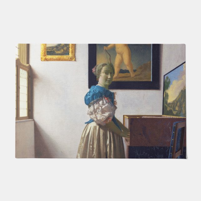 Lady Stehend in einer Jungfrau, Johannes Vermeer Fußmatte (Vorderseite)