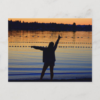 lady sunset silhouette postkarte