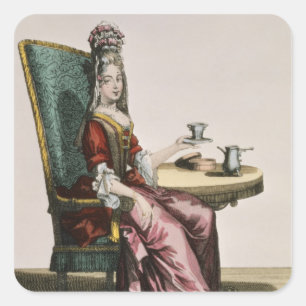 Lady take Coffee, fashion plate, c.1695 (engravi Quadratischer Aufkleber