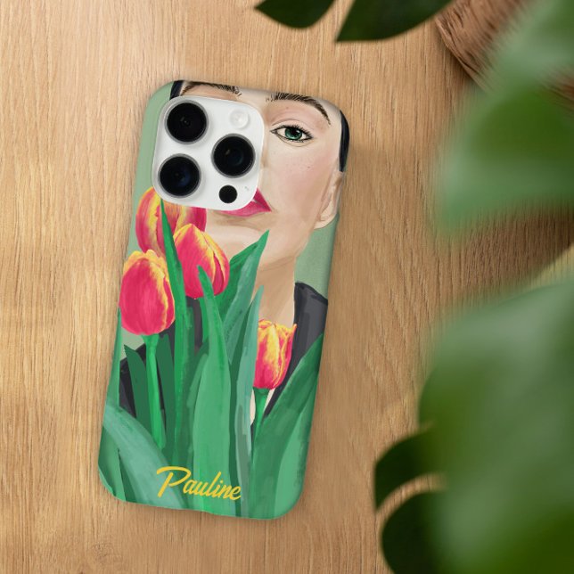 Lady & Tulip Green Orange Moderne grafische Malere Case-Mate iPhone Hülle (Portrait art of lady with tulip "Dame à la tulipe", lady with yellow orange tulip on green;)