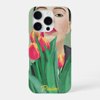 Lady & Tulip Green Orange Moderne grafische Malere iPhone 16 Pro Hülle
