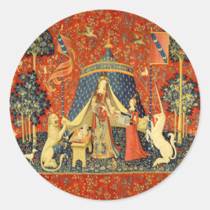 Lady und die Unicorn Mittelalterliche Tapisserie Runder Aufkleber
