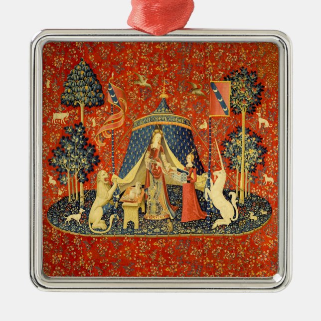 Lady und die Unicorn Mittelalterliche Tapisserie Silbernes Ornament (Vorne)