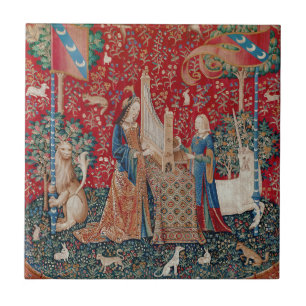 Lady und Einhorn Mittelalter-Teppich Hören Fliese