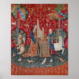 Lady und Einhorn Mittelalter-Teppich Hören Poster
