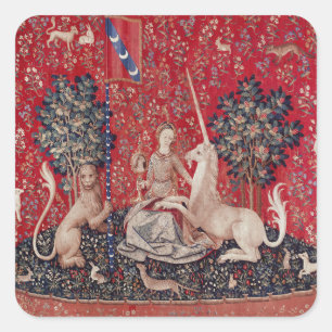Lady und Einhorn Mittelalter-Teppichansicht Quadratischer Aufkleber