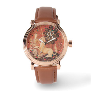 LADY UND UNICORN Fantasy-Blume, Monogramm der Tier Armbanduhr
