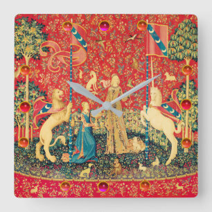 LADY UND UNICORN Fantasy Blume, Tiere, Edelsteine Quadratische Wanduhr