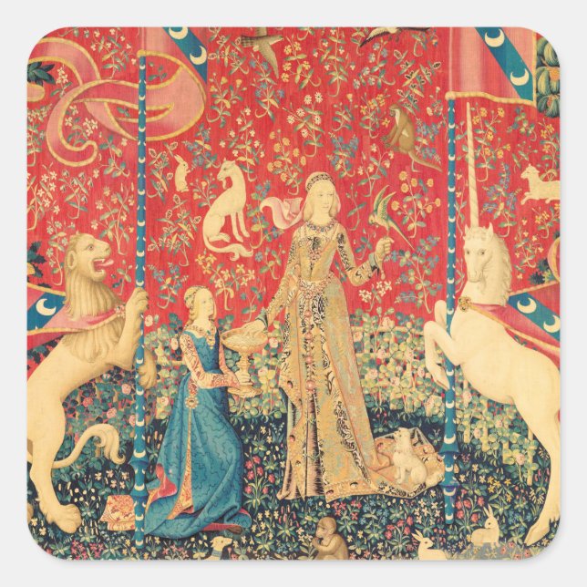 LADY UND UNICORN Fantasy Blume, Tiere Quadratischer Aufkleber (Vorderseite)