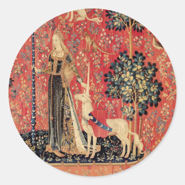 LADY UND UNICORN Fantasy Blume, Tiere Runder Aufkleber (Vorderseite)