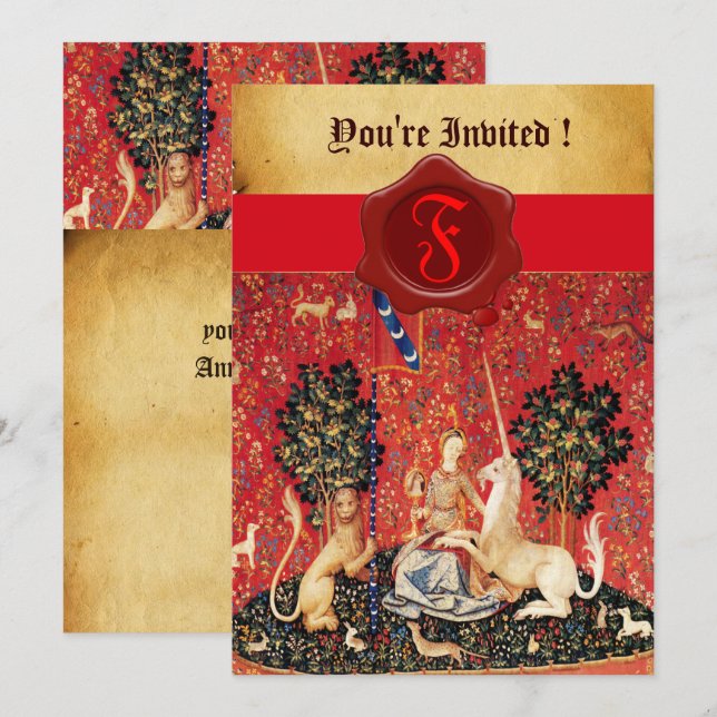 LADY UND UNICORN MONOGRAM RED WAX SIEGEL PARCHMENT EINLADUNG (Vorne/Hinten)