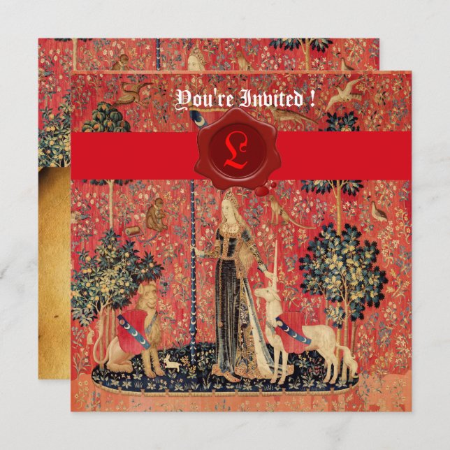 LADY UND UNICORN MONOGRAM RED WAX SIEGEL PARCHMENT EINLADUNG (Vorne/Hinten)