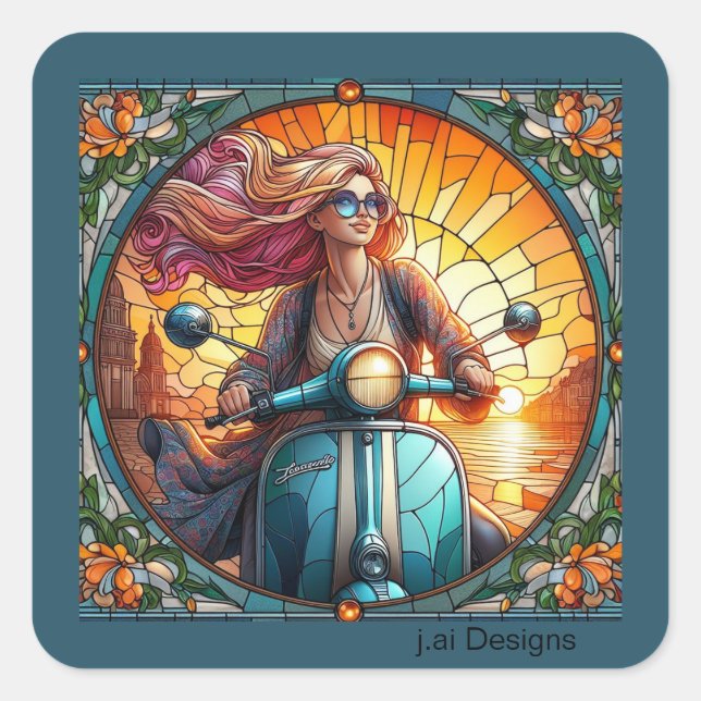 Lady Vespa Quadratischer Aufkleber (Vorderseite)