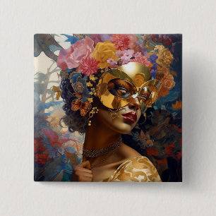 Lady Wear Mask Black Fantasy Art Button