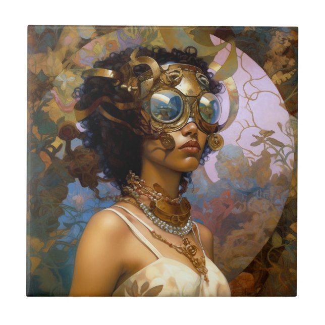 Lady Wearing Goggles Black Fantasy Sci-Fi Fliese (Vorderseite)