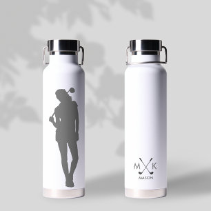 Lady White mit grauem, modernem Golfer Monogramm Trinkflasche