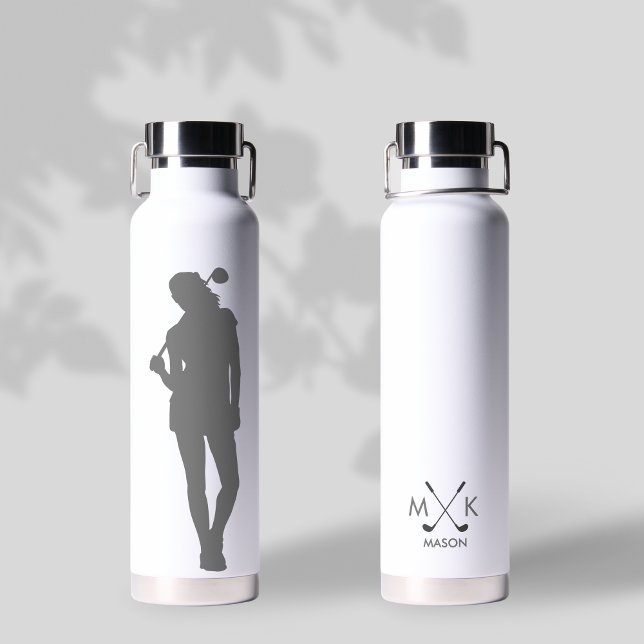 Lady White mit grauem, modernem Golfer Monogramm Trinkflasche (Von Creator hochgeladen)