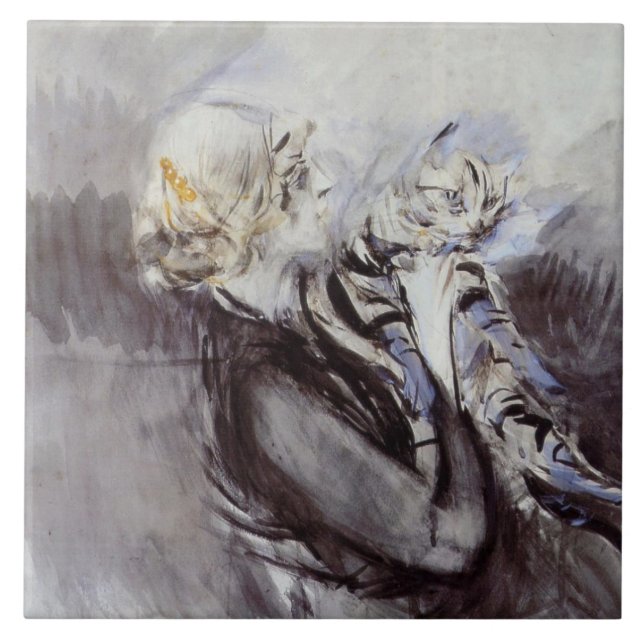 Lady with a Gray Cat (von Giovanni Boldini) Fliese (Vorderseite)