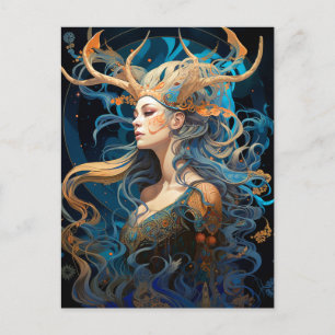 Lady with Antlers Boho Fantasy Art Postcard Postkarte