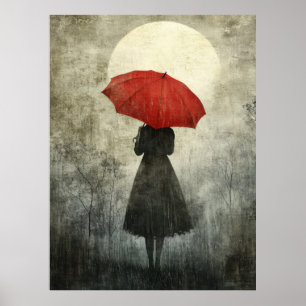 Lady with Red Umbrella - Surreal Silhouette Art Poster