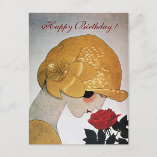 LADY WITH ROTE ROSE Happy Birthday Postkarte