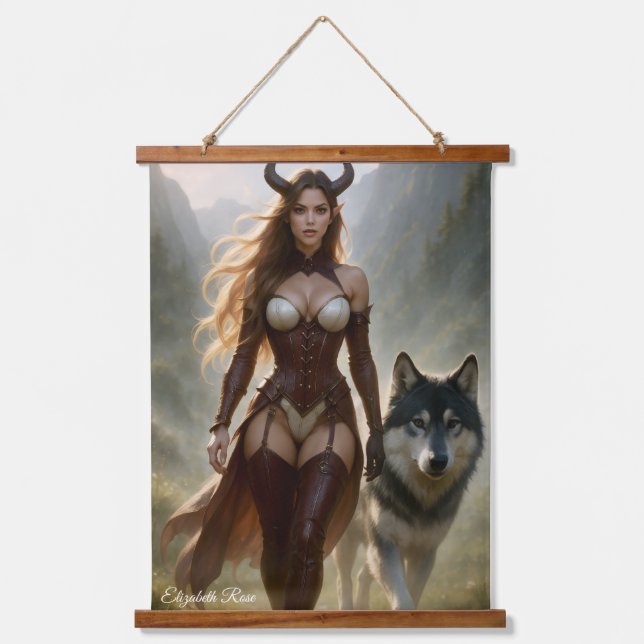 Lady Wolf Dämonin Poster Wandteppich Mit Holzrahmen (Vorderseite)