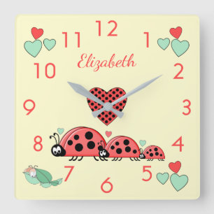 Ladybirds and Caterpillar with a name nursery Quadratische Wanduhr