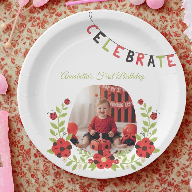  Ladybug 1st Birthday Floral Pappteller (Ladybug first birthday paper plate)