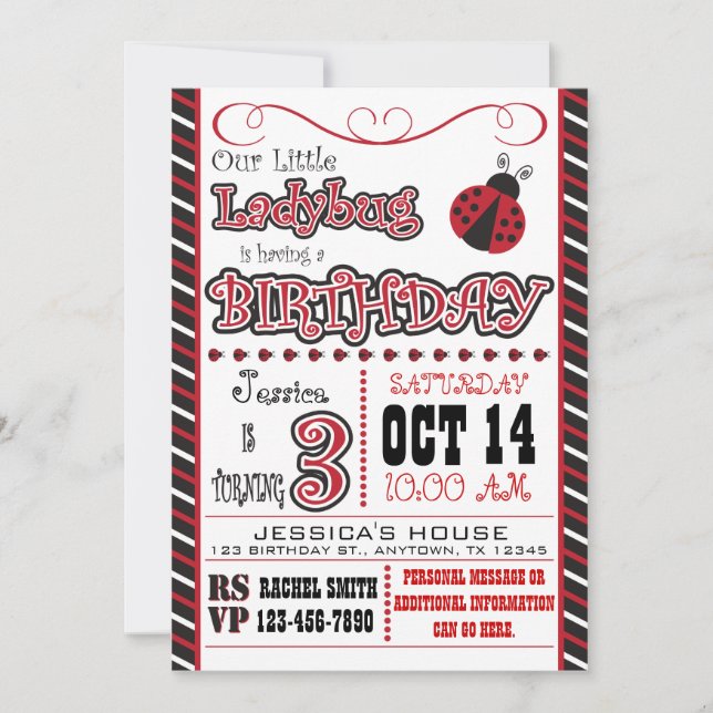 Ladybug 3. Geburtstag Einladungen (Vorderseite)
