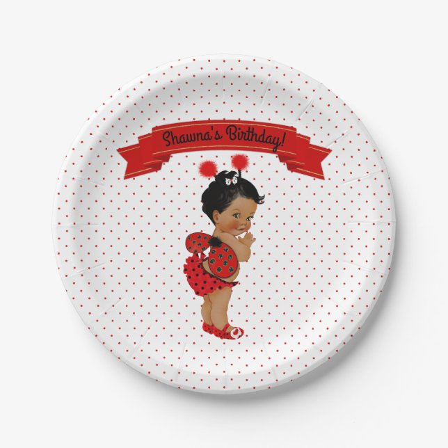 Ladybug African American Baby Girl Red Dots Pappteller (Vorderseite)